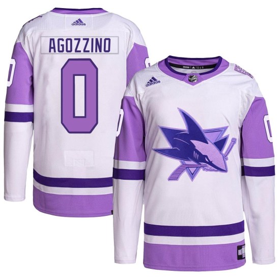Andrew Agozzino San Jose Sharks Authentic Hockey Fights Cancer Primegreen Adidas Jersey - White/Purple