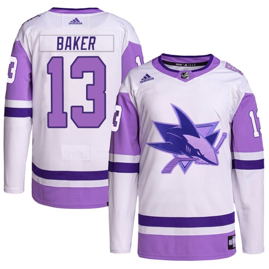 Jamie Baker San Jose Sharks Authentic Hockey Fights Cancer Primegreen Adidas Jersey - White/Purple
