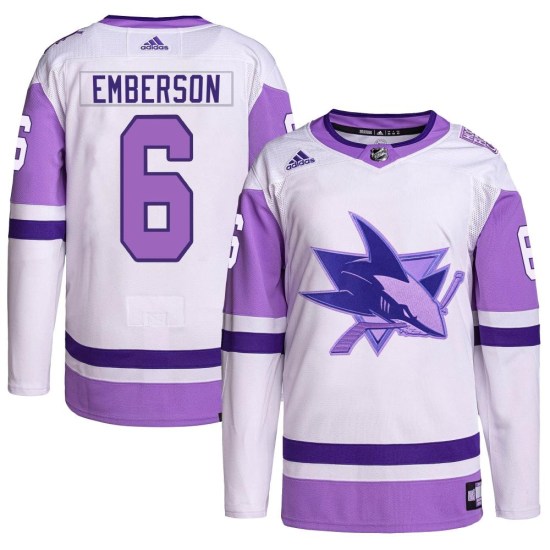 Ty Emberson San Jose Sharks Authentic Hockey Fights Cancer Primegreen Adidas Jersey - White/Purple