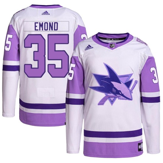 Zachary Emond San Jose Sharks Authentic Hockey Fights Cancer Primegreen Adidas Jersey - White/Purple