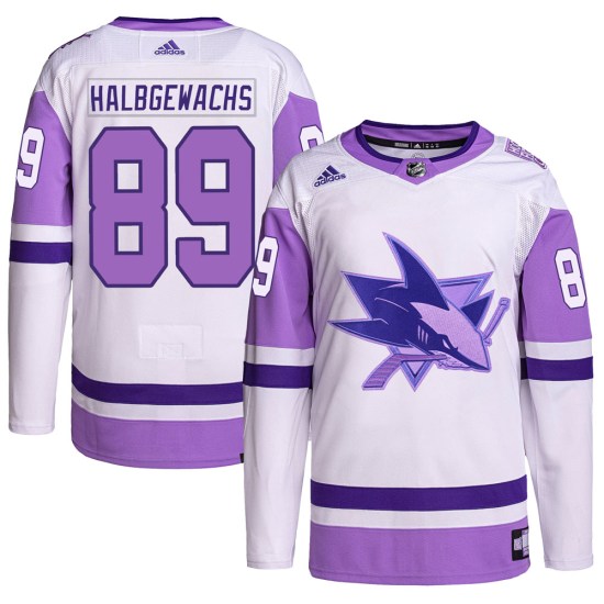 Jayden Halbgewachs San Jose Sharks Authentic Hockey Fights Cancer Primegreen Adidas Jersey - White/Purple