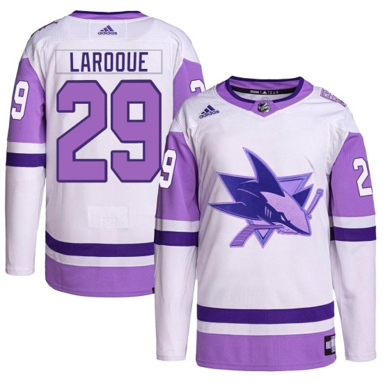 Gannon Laroque San Jose Sharks Authentic Hockey Fights Cancer Primegreen Adidas Jersey - White/Purple