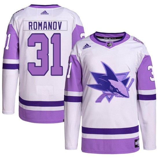 Georgi Romanov San Jose Sharks Authentic Hockey Fights Cancer Primegreen Adidas Jersey - White/Purple