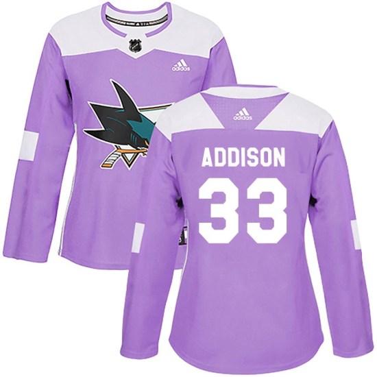 Calen Addison San Jose Sharks Women's Authentic Hockey Fights Cancer Adidas Jersey - Purple