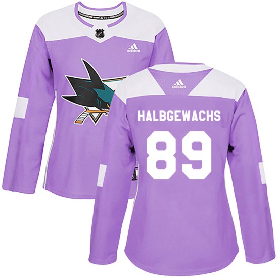 Jayden Halbgewachs San Jose Sharks Women's Authentic Hockey Fights Cancer Adidas Jersey - Purple