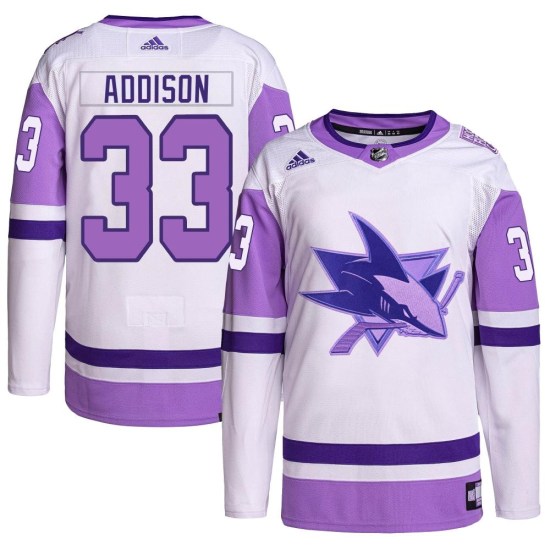 Calen Addison San Jose Sharks Youth Authentic Hockey Fights Cancer Primegreen Adidas Jersey - White/Purple