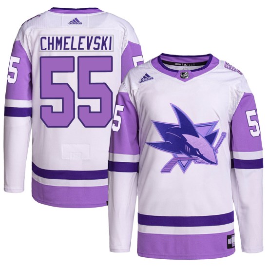 Sasha Chmelevski San Jose Sharks Youth Authentic Hockey Fights Cancer Primegreen Adidas Jersey - White/Purple