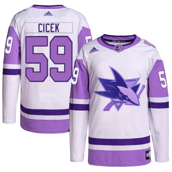 Nick Cicek San Jose Sharks Youth Authentic Hockey Fights Cancer Primegreen Adidas Jersey - White/Purple