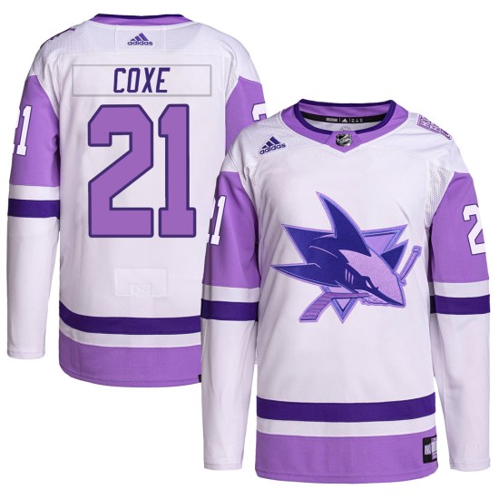 Craig Coxe San Jose Sharks Youth Authentic Hockey Fights Cancer Primegreen Adidas Jersey - White/Purple
