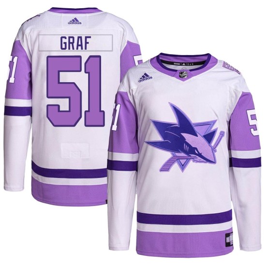 Collin Graf San Jose Sharks Youth Authentic Hockey Fights Cancer Primegreen Adidas Jersey - White/Purple