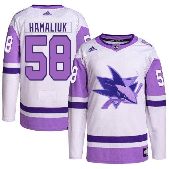 Dillon Hamaliuk San Jose Sharks Youth Authentic Hockey Fights Cancer Primegreen Adidas Jersey - White/Purple