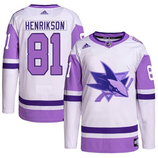 Arvid Henrikson San Jose Sharks Youth Authentic Hockey Fights Cancer Primegreen Adidas Jersey - White/Purple