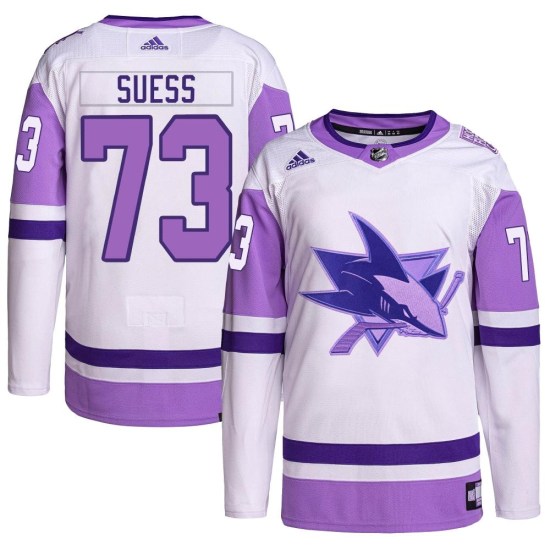 CJ Suess San Jose Sharks Youth Authentic Hockey Fights Cancer Primegreen Adidas Jersey - White/Purple
