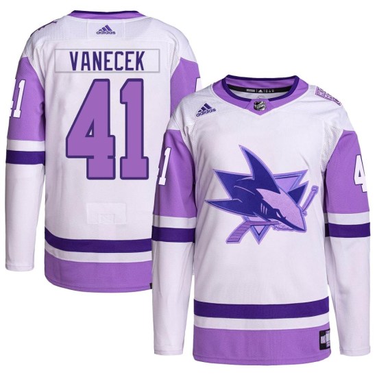 Vitek Vanecek San Jose Sharks Youth Authentic Hockey Fights Cancer Primegreen Adidas Jersey - White/Purple