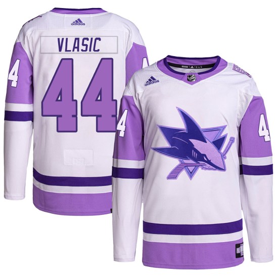 Marc-Edouard Vlasic San Jose Sharks Youth Authentic Hockey Fights Cancer Primegreen Adidas Jersey - White/Purple