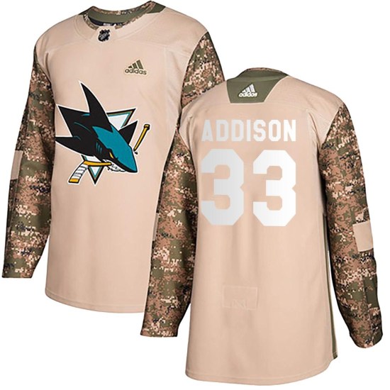 Calen Addison San Jose Sharks Youth Authentic Veterans Day Practice Adidas Jersey - Camo